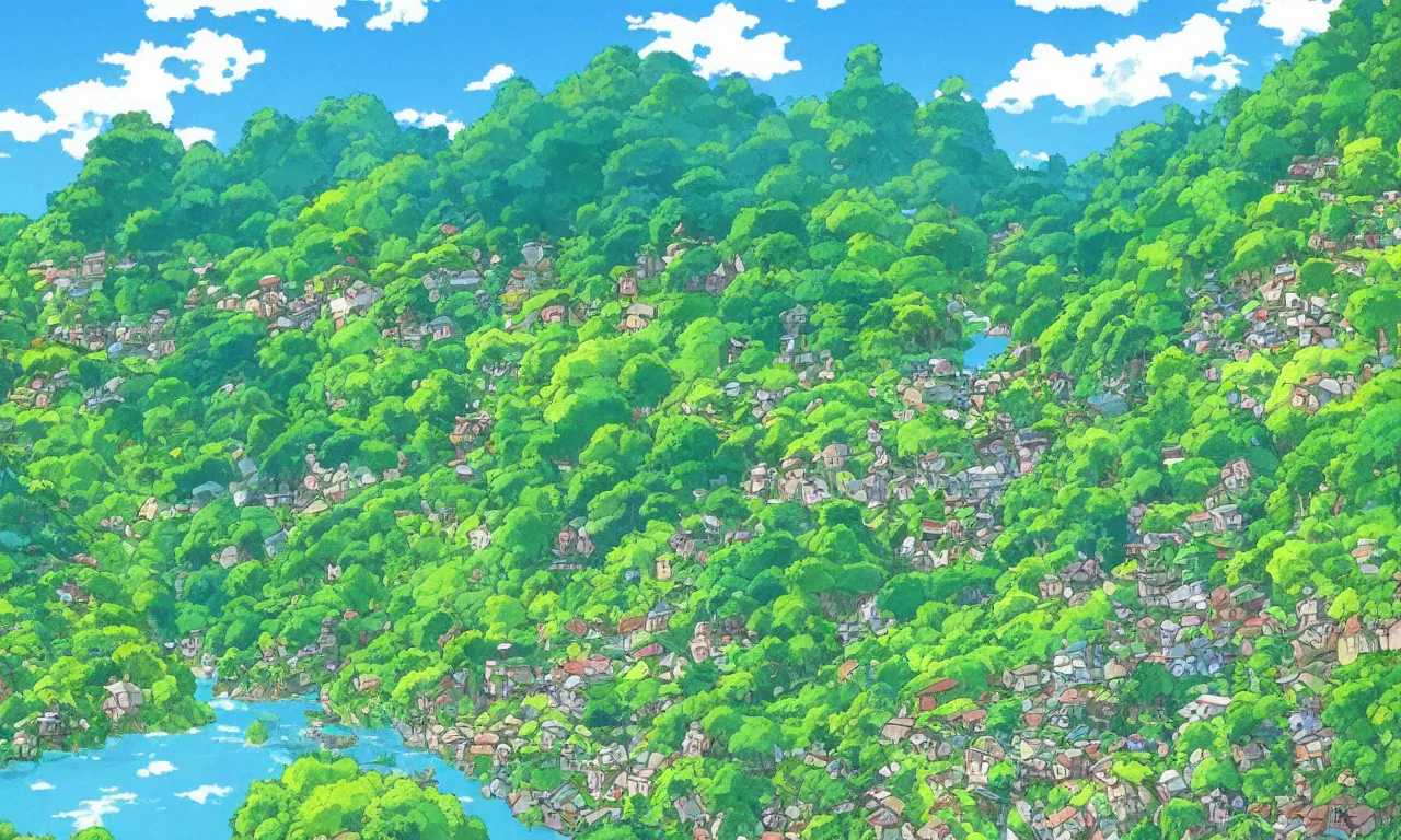 Prompt: a village down the mountain, river across the painting, blue sky, summer, green, sunshine, trees, by studio ghibli and hayao miyazaki