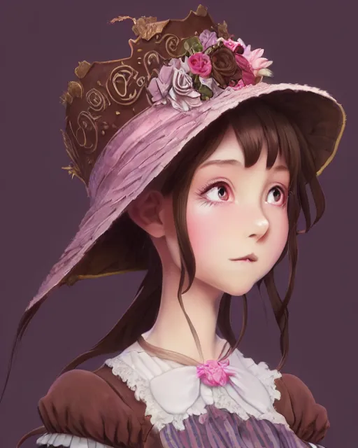 Prompt: a girl as ( fantasy personification of chocolate cupcake ), character design, cute hats, victorian inspired clothing, unreal engine, highly detailed, smooth, digital illustration by artgerm, studio ghibli, sharp focus, artstation. ribbons, fractal swirls. a fantasy bakery background by studio ghibli, makoto shinkai, global illumination, blender, maya 8 k