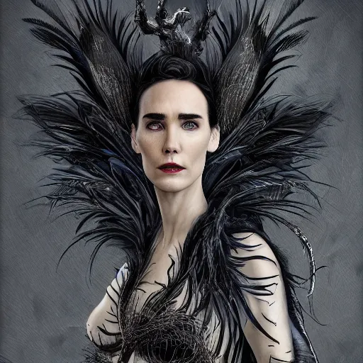 Image similar to jennifer connelly as odile the black swan, gray skin, disney villain, black feathers instead of hair, black feathers growing out of skin, losing control, black feathers growing out of face, black hands with black claws, gothic, highly detailed, comic book cover, mike mignogna, david mack, trending on artstation