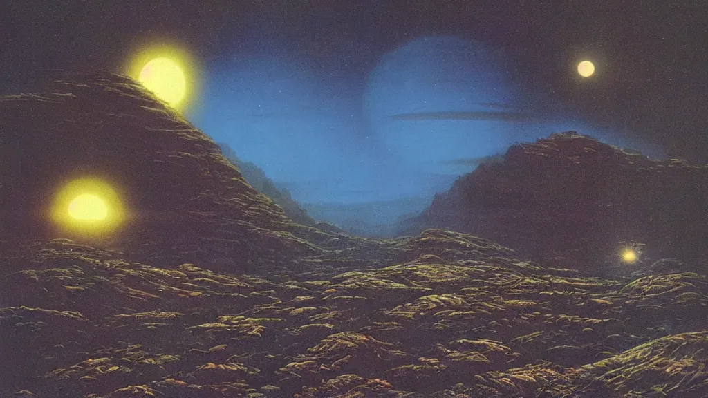 Prompt: eerie atmospheric alien planet by angus mckie and bob eggleton and chris moore, epic cinematic matte painting