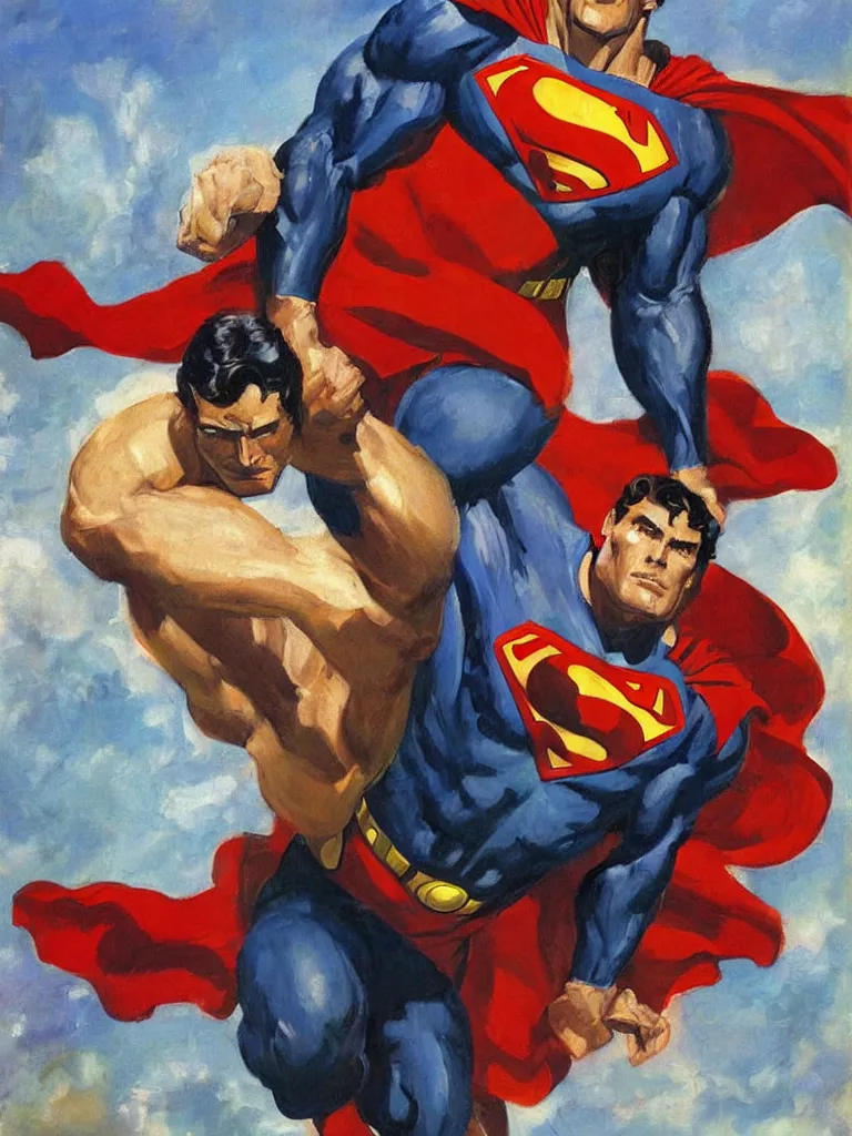 Prompt: a heroic portrait of Superman as illustrated by Gregory Manchess. 1992. Oil on panel. Museum Quality Scan.