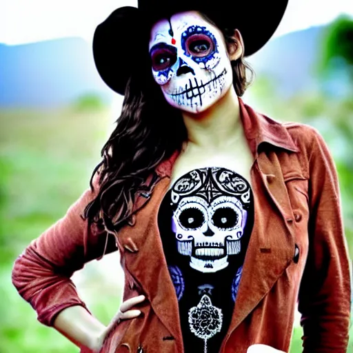 Prompt: female, mila kunis, skull paint, dia de Los muertos, trenchcoat, day of the dead, full body, smiling, cowboy hat