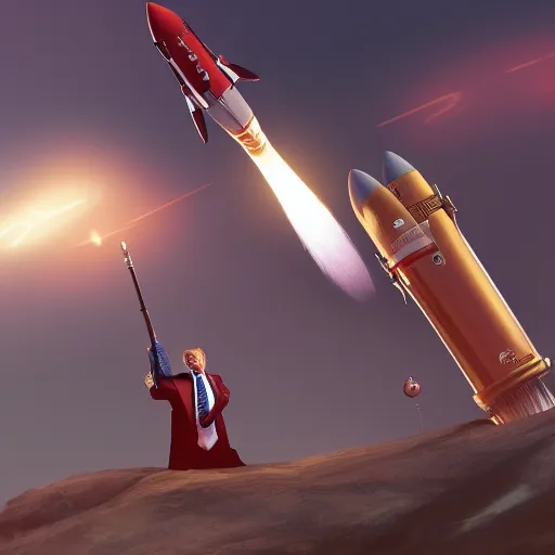 Prompt: Trump on a rocket, hyperdetailed, artstation, cgsociety, 8k