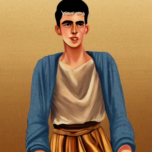 Prompt: digital painting of a handsome Mediterranean 17 year old man in ancient Biblical clothes, 1950s illustration style