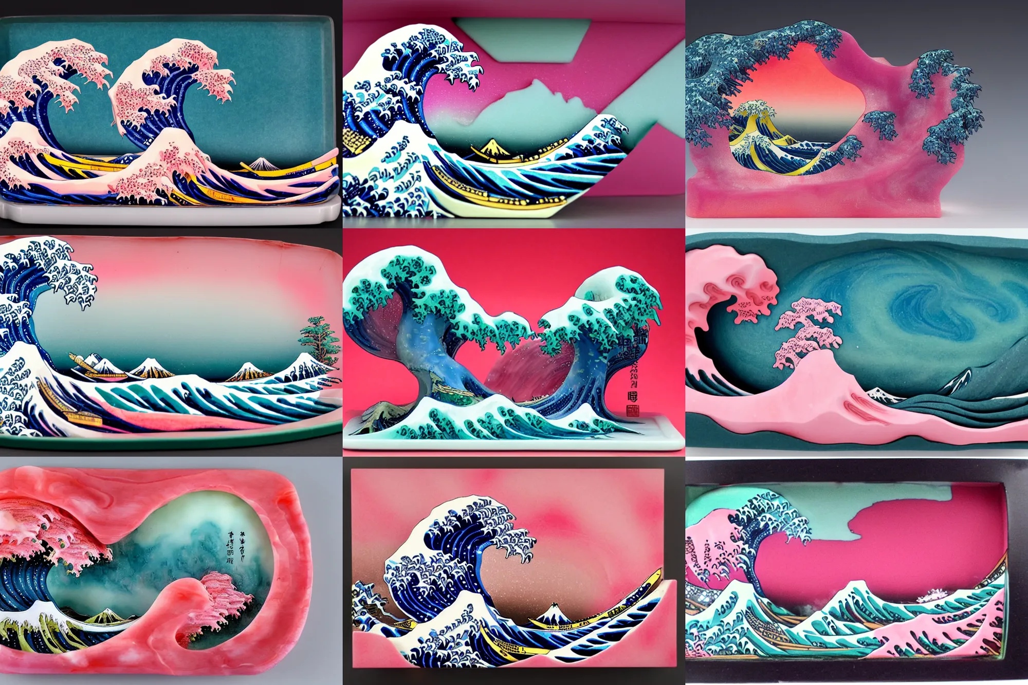 Prompt: carved diorama of the great wave of kanagawa with pink lava and fire, made out of transparent marble with celadon glaze