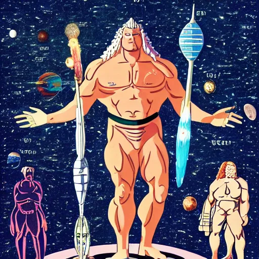 Image similar to god of universe gigachad colosus on space surrounded of planets