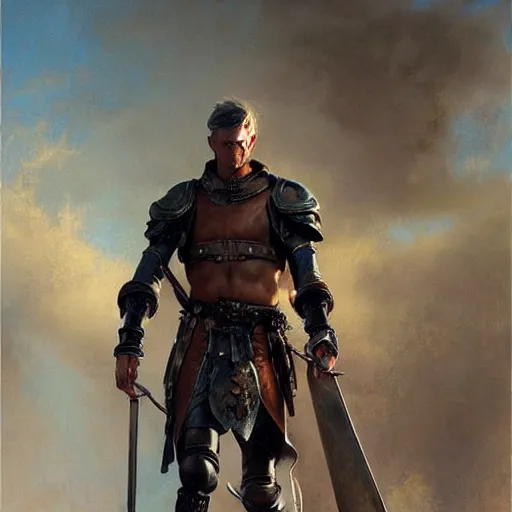 Image similar to young warrior marching toward the viewer, male, muscular, blue eyes!!!!, straight nose!!!, detailed face, exposed thighs!!!, leather, fantasy, medieval, highly detailed, painting by greg rutkowski