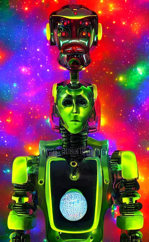 Image similar to a portrait of a hi-tech sci-fi robot with a lot of bright color diodes made of white marble pretending to smoke weed in deep space, photography, color, very detailed, realistic