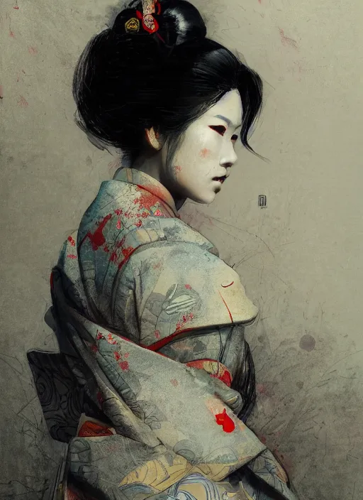 Image similar to female geisha girl, beautiful face, rule of thirds, intricate outfit, spotlight, by greg rutkowski, by jeremy mann