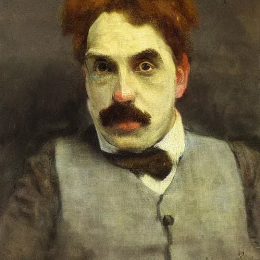 Image similar to detailing character concept portrait of clown by James McNeill Whistler, on simple background, oil painting, middle close up composition