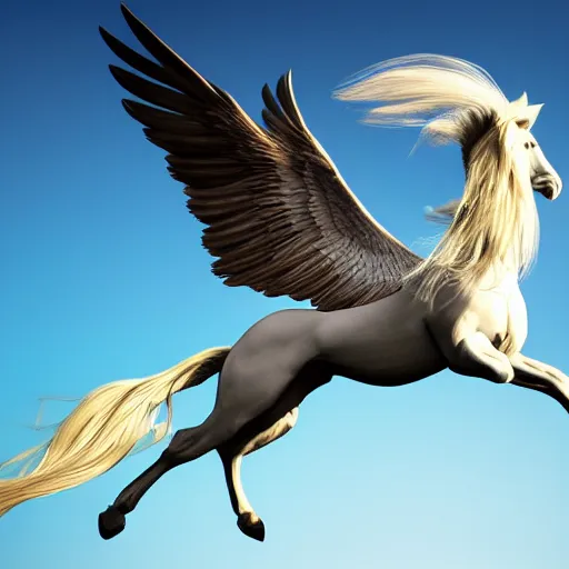 Prompt: a majestic pegasus, swooping toward the camera brilliantly illuminated, color high resolution realistic photo