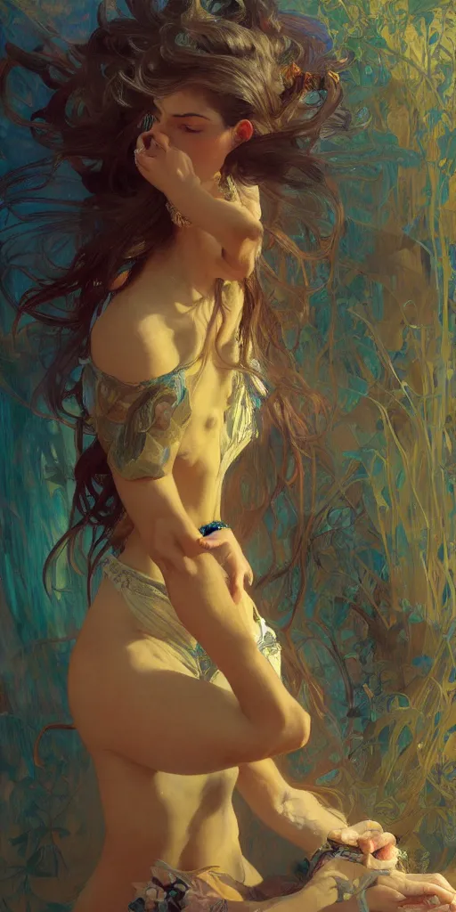 Prompt: an intricate painting of an artistic pose beautiful young lady muse with an artistic pose, hyper - detailed, octane render, vivid colors, artstation, by jeremy mann, by alphonse mucha, by boris vallejo, by gustav klimt