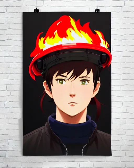 Image similar to fireman, fire helmet, flames background | | very very anime!!!, fine - face, audrey plaza, realistic shaded perfect face, fine details. anime. realistic shaded lighting poster by ilya kuvshinov katsuhiro otomo ghost - in - the - shell, magali villeneuve, artgerm, jeremy lipkin and michael garmash and rob rey