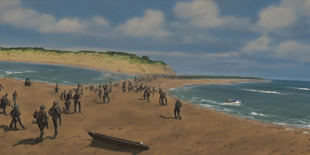 Image similar to omaha beach, ww 2, matte painting, oil painting, painting