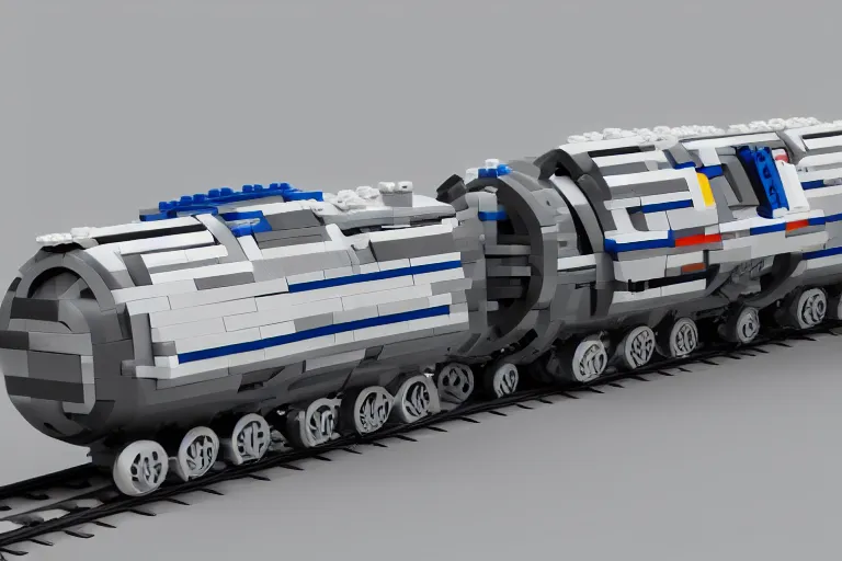 Image similar to futuristic train made out of Lego, octane render, white, grey and blue, studio light, 35mm,