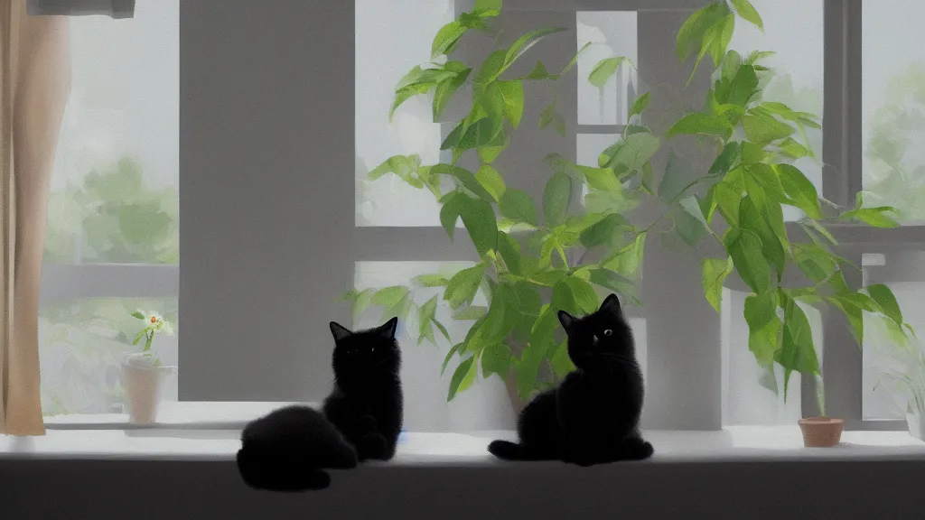 Image similar to peaceful dreamy painting of a content black cat sitting by a window and looking outside, sunshine coming through the window, small plants on the window sill, 8k, hyper realism, trending on artstation, octane render