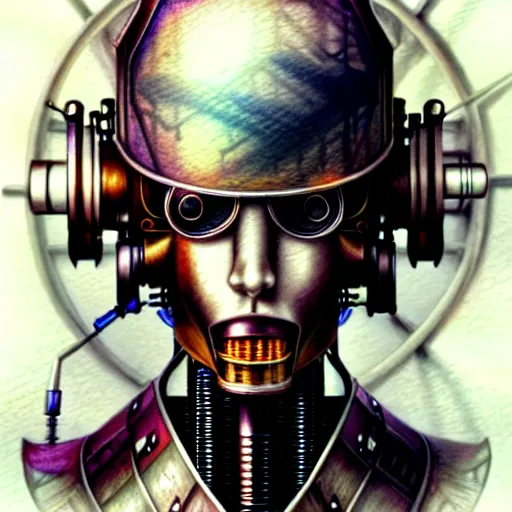 Image similar to hyper realistic pencil drawing of a steampunk robot , water color, full portrait, detailed, rim light, diffused, intricate, cyberpunk by anna dittmann,