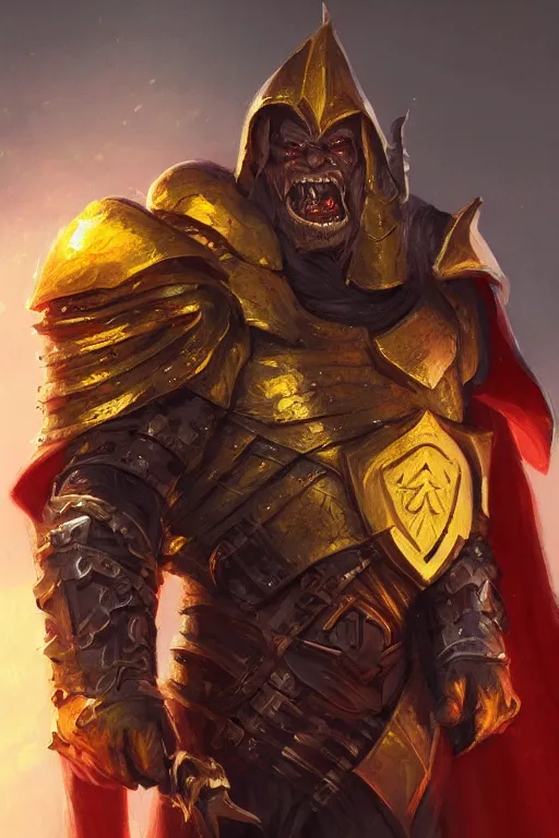 Prompt: orc in golden armour and black cape with hood, d & d, fantasy, portrait, highly detailed, headshot, digital painting, trending on artstation, concept art, sharp focus, illustration, art by artgerm and greg rutkowski and magali villeneuve