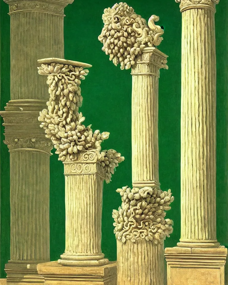 Image similar to achingly beautiful painting of intricate ancient roman corinthian capital on jade background by rene magritte, monet, and turner. giovanni battista piranesi.