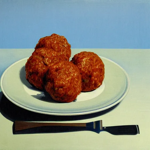 Prompt: painting of spaghetti and meatballs by rene magritte, hd, 4 k, detailed, award winning