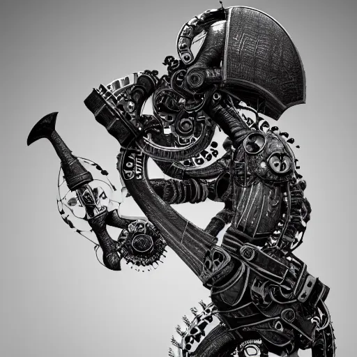 Image similar to mythical black and white organic bio - mechanical rendering of an axe and a computer. highly detailed, intricate steampunk ornate, poetic, 3 d render, digital art, octane render, 8 k artistic photography, photo - realistic