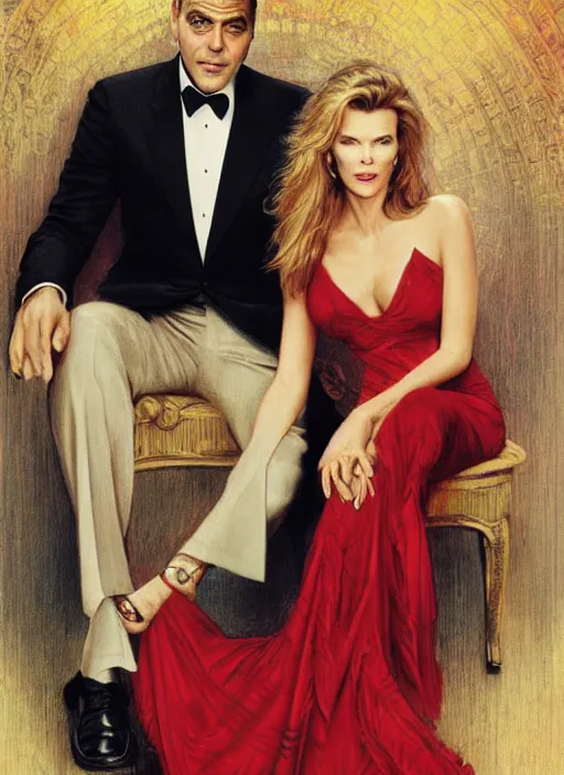 Prompt: george clooney wearing a formal black suit and kim basinger wearing a red dress, affectionate sitting together, highly detailed, focus stacked, candid portrait, art by artgerm and greg rutkowski and alphonse mucha