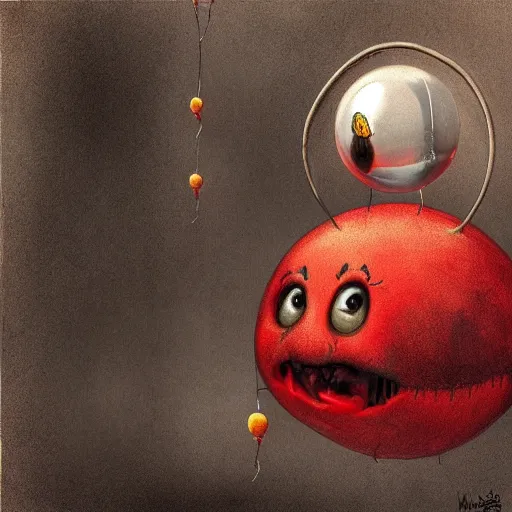 Image similar to surrealism grunge cartoon portrait sketch of a spider with a wide smile and a red balloon by - michael karcz, loony toons style, mona lisa style, horror theme, detailed, elegant, intricate