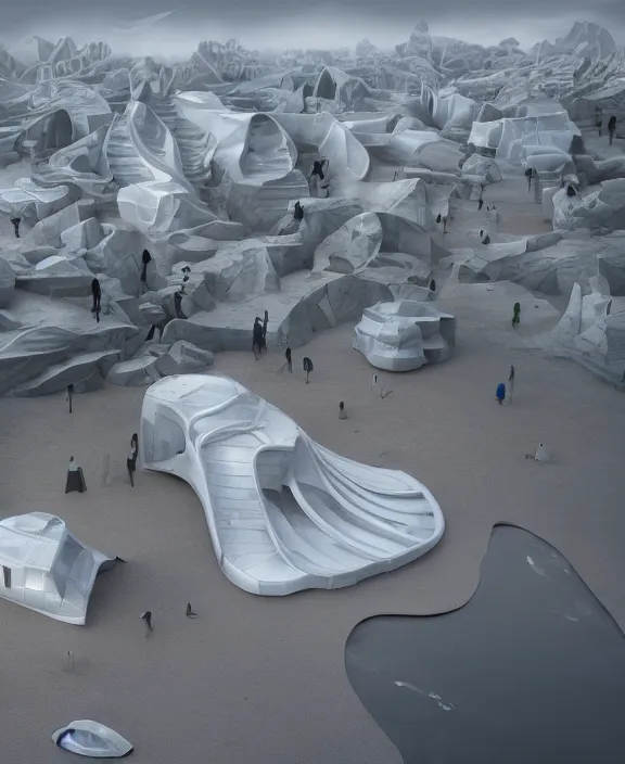 Image similar to surreal mindblown architecture, futuristic white architecture in the beach in iceland, foggy, highly detailed, digital painting, arstation, concept art, hyperealistic octane render, unreal engine,