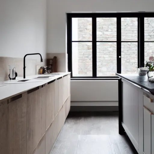 Prompt: luxury bespoke kitchen design, modern rustic, Japanese and Scandanvian influences, understated aesthetic, innovative materials and textrue, by Roundhouse Design