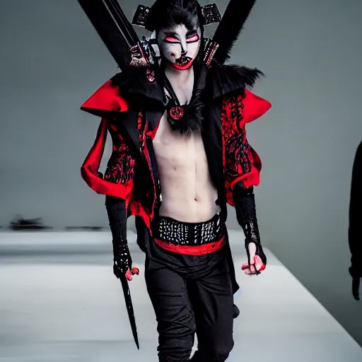 Image similar to modern high fashion clothing designer inspired by vampires and samurai runway photo canon eos r 7 1 5 0 mm color film camera male model highly detailed intricate