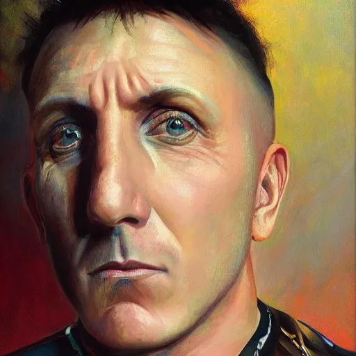 Image similar to stunning serene portrait of Maynard James Keenan starring straight ahead, giving the peace sign, by Mark Arian, oil on canvas, masterpiece, realism, piercing gaze, mercurial bokeh