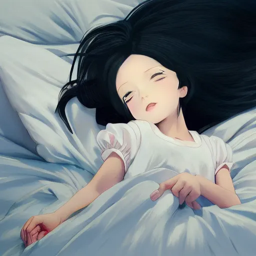 Image similar to room with an amount of photos retracting an little girl with an long black hair dressed in a simple white dress sleeping, anime art style, digital art ilya kuvshinov, inspired by balthus, hd, 4 k, hyper detailed, dark, anatomically correct, angelic face