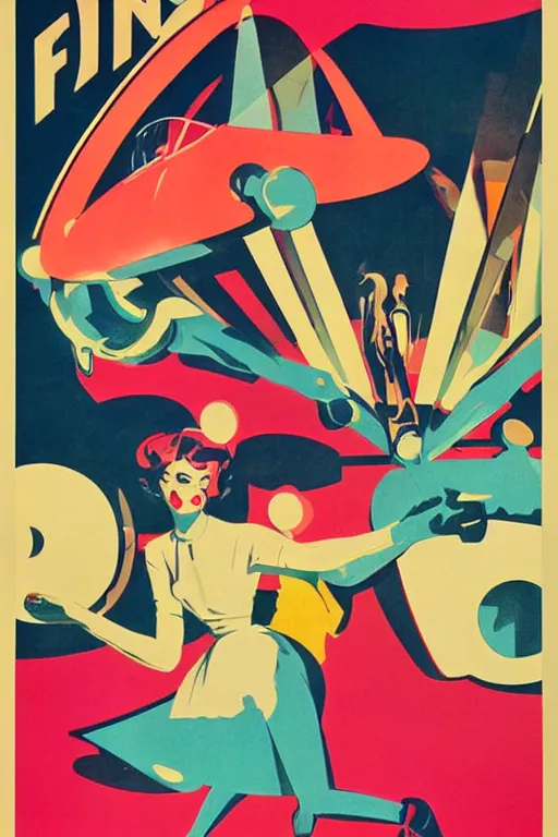 Prompt: poster of the fun, 1 9 5 0 s style, futuristic design, dark, symmetrical, washed out color, centered, art deco, 1 9 5 0's futuristic, glowing highlights, intense