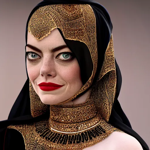 Image similar to A portrait of Emma Stone wearing a Black Arabian abaya , high quality, fully detailed, 4k