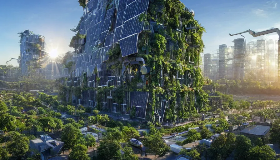 prompthunt: Sunrise over solarpunk city, many trees and plants, archdaily,  straight lines, many flying cars, busy streets filled with pedestrians, sun  rays, vines, vertical gardens, utopia, beautiful glass and steel  architecture, extreme