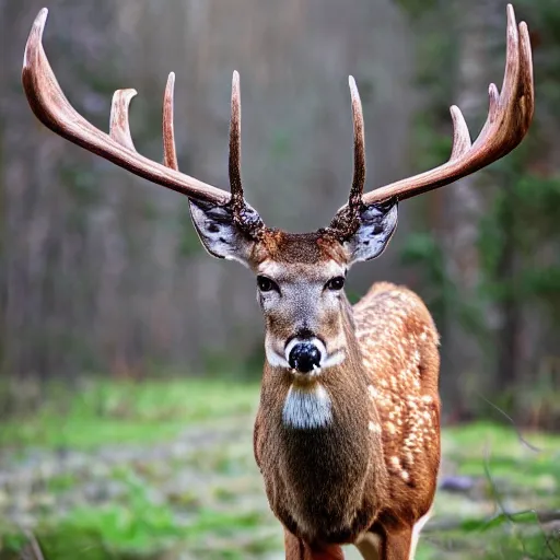 Image similar to Professional high resolution HDR portrait photo of a mighty deer with majestic antlers. Low saturation. Dark background.