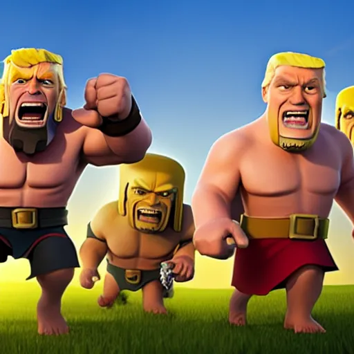 Image similar to clash of clans film poster concept featuring Obama and Trump