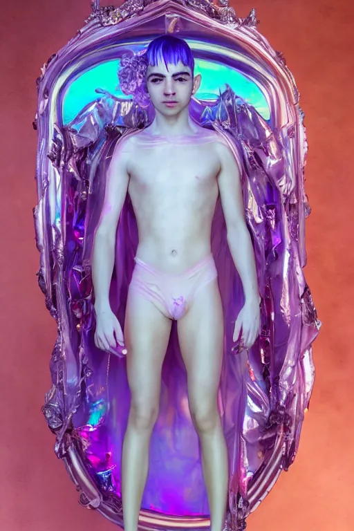 Image similar to full-body rococo and cyberpunk delicate neon crystalline sculpture of ((muscular slender albino prince Joe Jonas)) (((con la piroca dura))) as an iridescent humanoid deity wearing a thin see-through ((plastic hooded cloak)) sim roupa (holding a human skull), reclining con (((las piernas abiertas))), glowing pink face, crown of (white lasers), large diamonds, swirling black silk fabric. futuristic elements. oozing glowing liquid, full-length view. space robots. intricate artwork by caravaggio. Trending on artstation, octane render, cinematic lighting from the right, hyper realism, octane render, 8k, depth of field, 3D