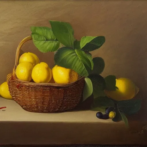 Prompt: a lemon in a basket of fruits in a forest, oil painting