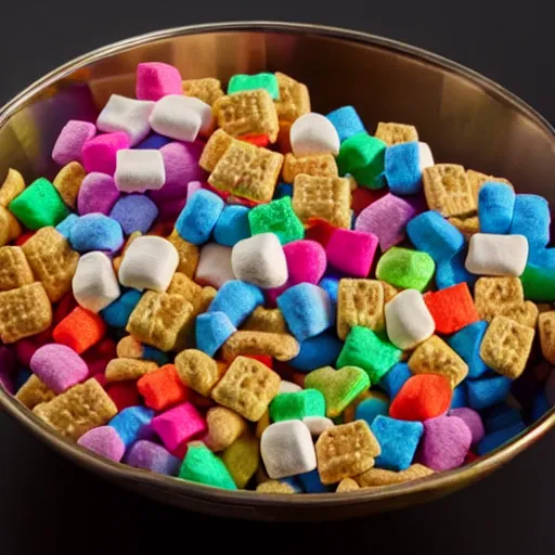 Image similar to lucky charms cereal and colorful marshmallows in the shape of crucifixes, fish, bibles, loaves of bread, and the virgin mary in a bowl