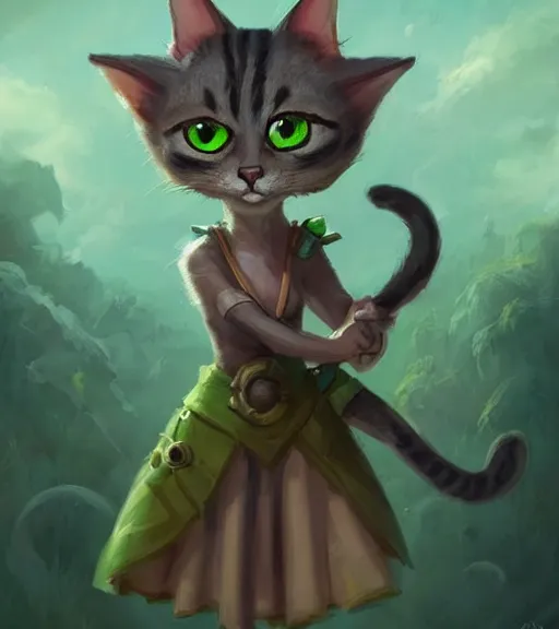 Image similar to cute little anthropomorphic Cat with big green eyes in summer dress, tiny, small, short, outfit, cute and adorable, pretty, beautiful, DnD character art portrait, matte fantasy painting, DeviantArt Artstation, by Jason Felix by Steve Argyle by Tyler Jacobson by Peter Mohrbacher, cinematic lighting