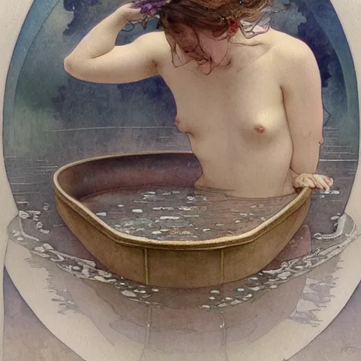 Image similar to a beautifull intricate watercolour painting of a bath, reflexions, verry high details by william turner art, greg rutkowski and alphonse mucha, trending on artstation, very very detailed, masterpiece, muted colors