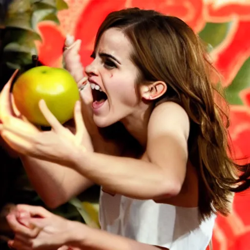 Image similar to Emma Watson roaring loudly at a bowl of fruit