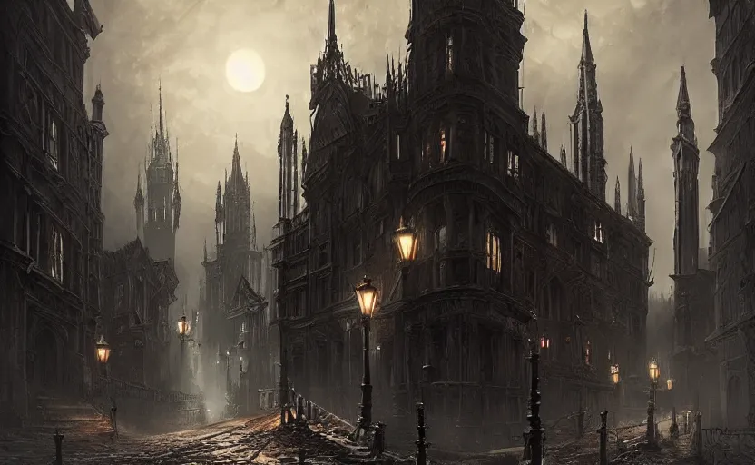 Prompt: Victorian city streets night, bloodborne, Raphael Lacoste