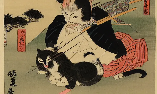 Prompt: cat shogun smoking weed, in the style of utagawa kuniyoshi, sasai ukon masanao, katsuhika hokusai, hiroshige, japanese woodblock, classical japanese art, feudal japan art, kitty, cat, neko, highly detailed, award - winning, ronin, shogun, samurai, japanese, dark, gritty, ink and watercolor