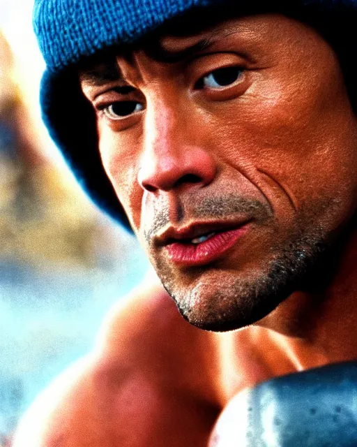 Image similar to Film still close-up shot of Dwayne Johnson as Rocky Balboa from the movie Rocky. Photographic, photography