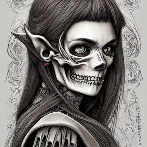 Image similar to anime manga skull profile young woman skeleton, elf, galadriel, hair, Tolkien, unreal engine, intricate, elegant, highly detailed, digital art, art by JC Leyendecker and sachin teng