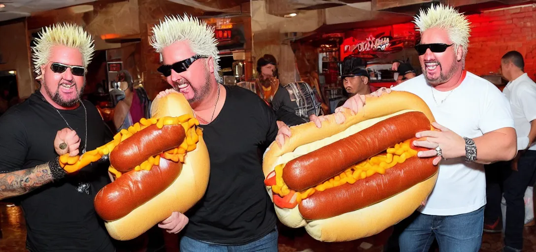 Prompt: guy fieri in a dim hallway, cradling the biggest hot dog in the world. the hot dog is extremely heavy.