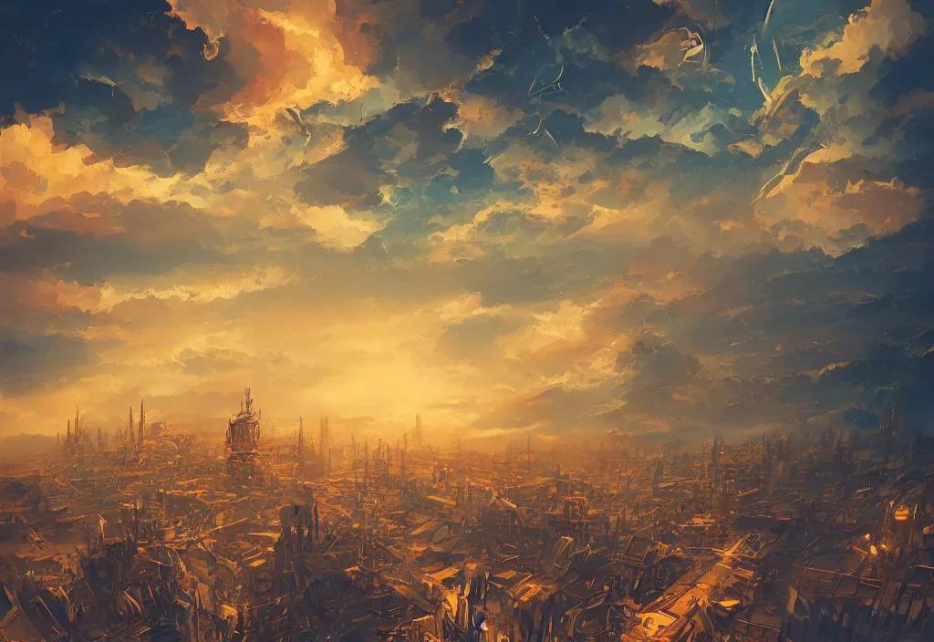 Prompt: flying steampunk city in the clouds by alena aenami, city in the sky, digital art, 4 k, trending on artstation, impressive, epic composition, highly detailed, golden hour, no ground