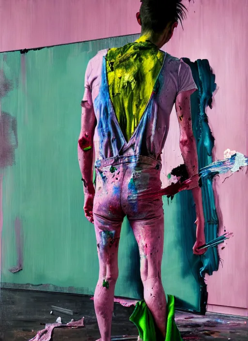 Image similar to an insane, skinny, artist wearing dirty, torn overalls, expressive painting the walls inside a grand messy studio, depth of field, hauntingly surreal, highly detailed painting by francis bacon, edward hopper, adrian ghenie, glenn brown, soft light 4 k in pink, green and blue colour palette, cinematic composition,